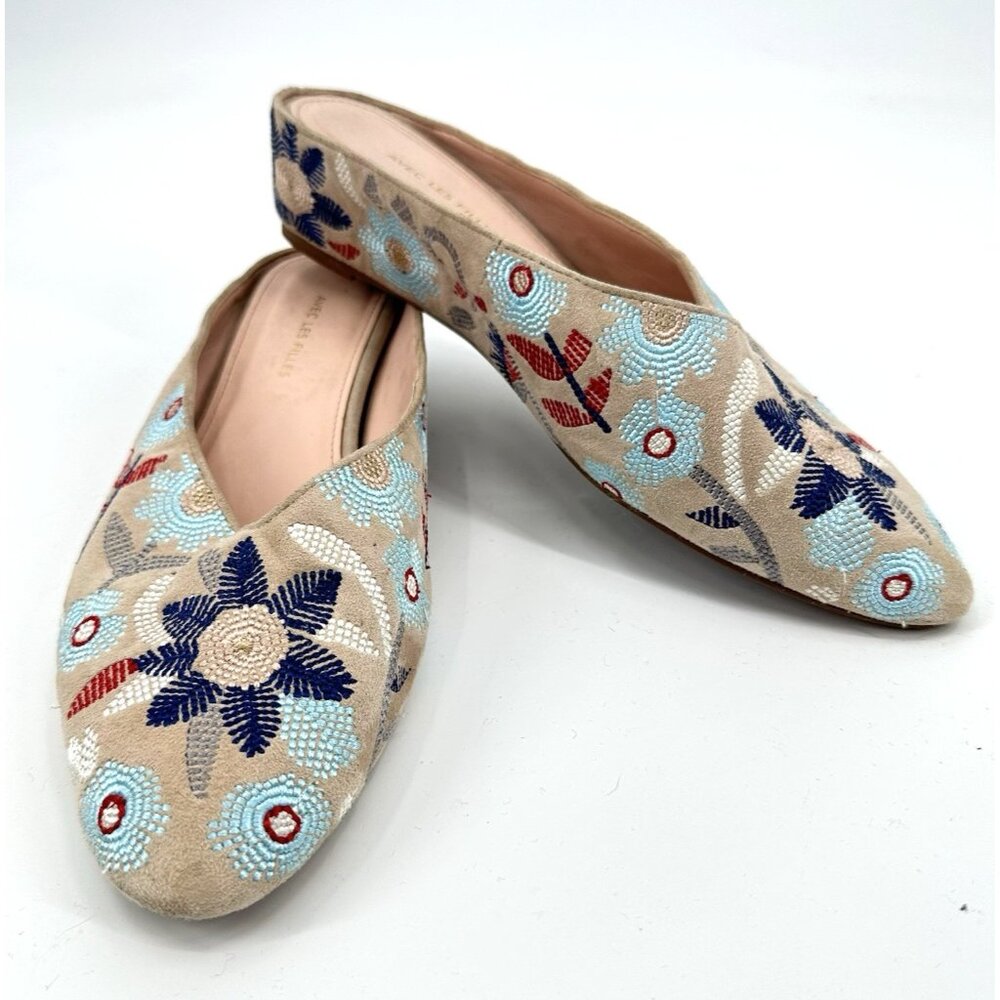 Avec Les Filles Beige Embroidered Floral Slip-On Mules